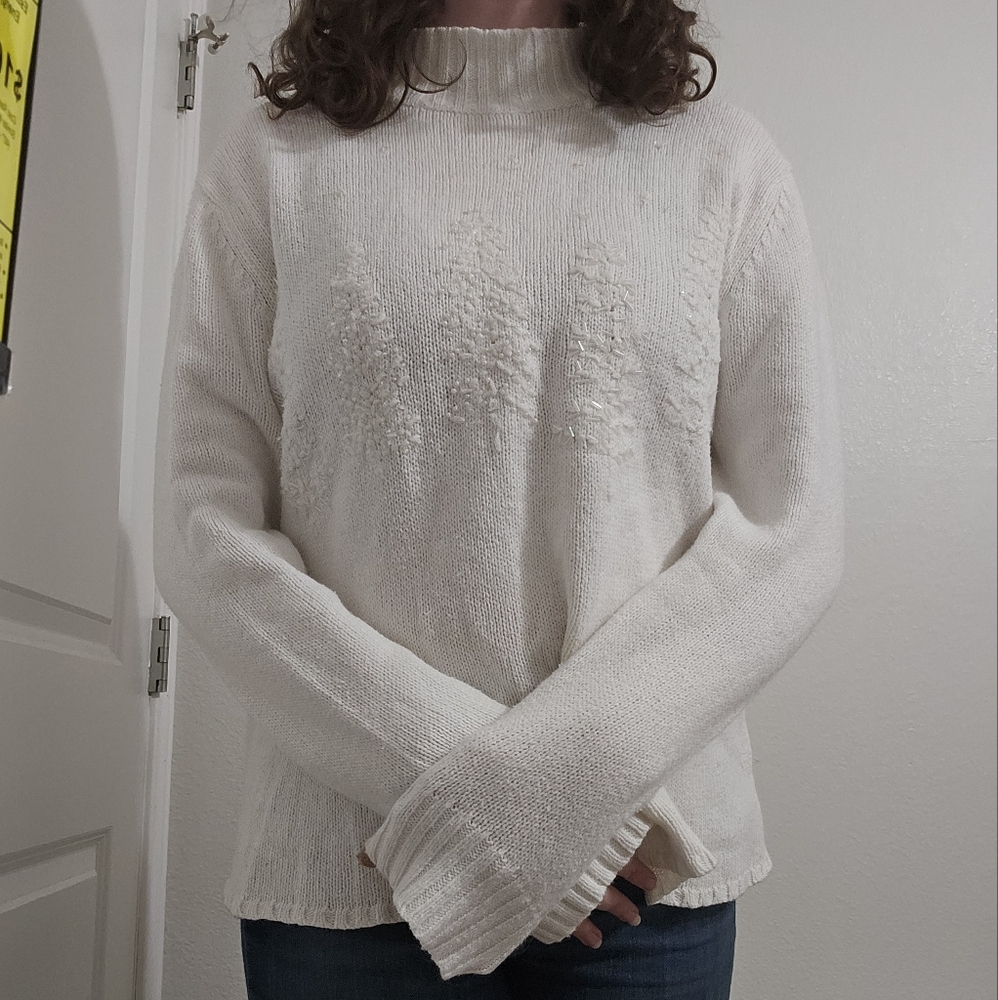 White size large beaded christmas tree mockneck turtleneck christmas sweater